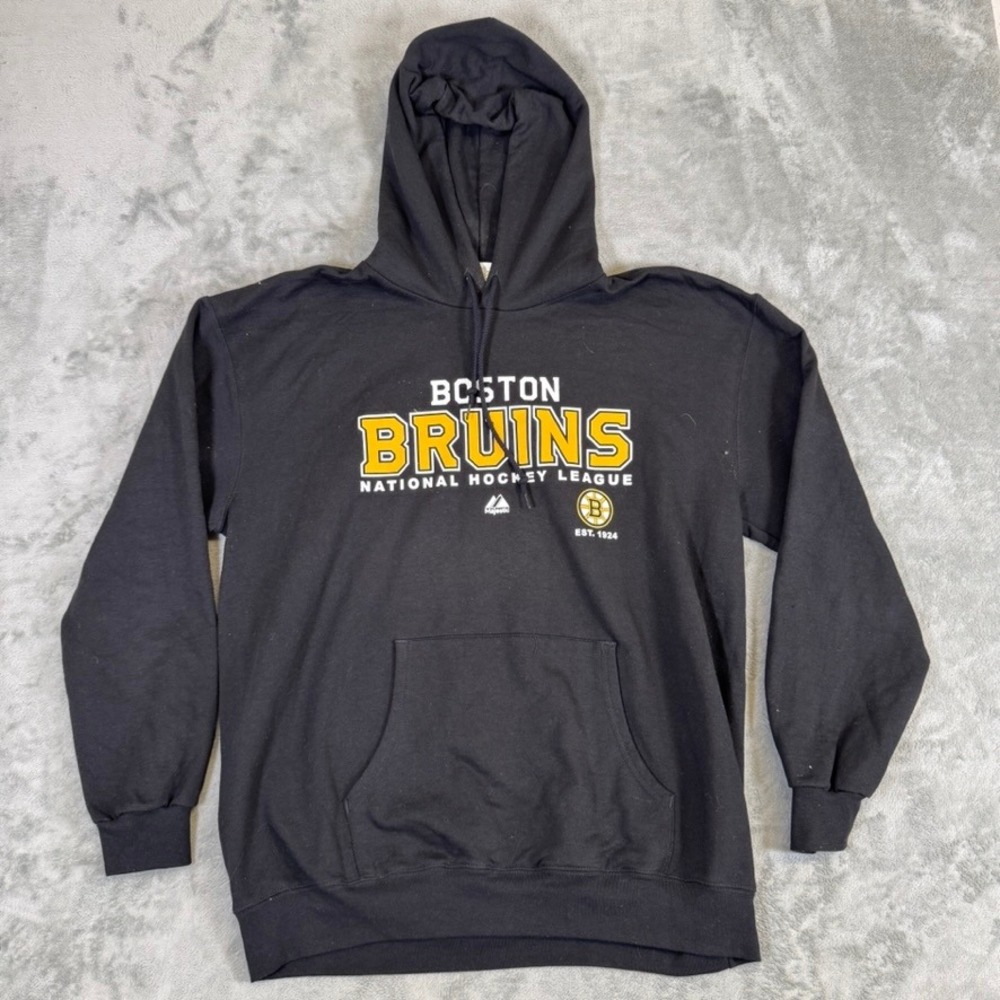 Majestic Boston Bruins NHL Hoodie Black Mens Large Graphic Sweatshirt Est 1924